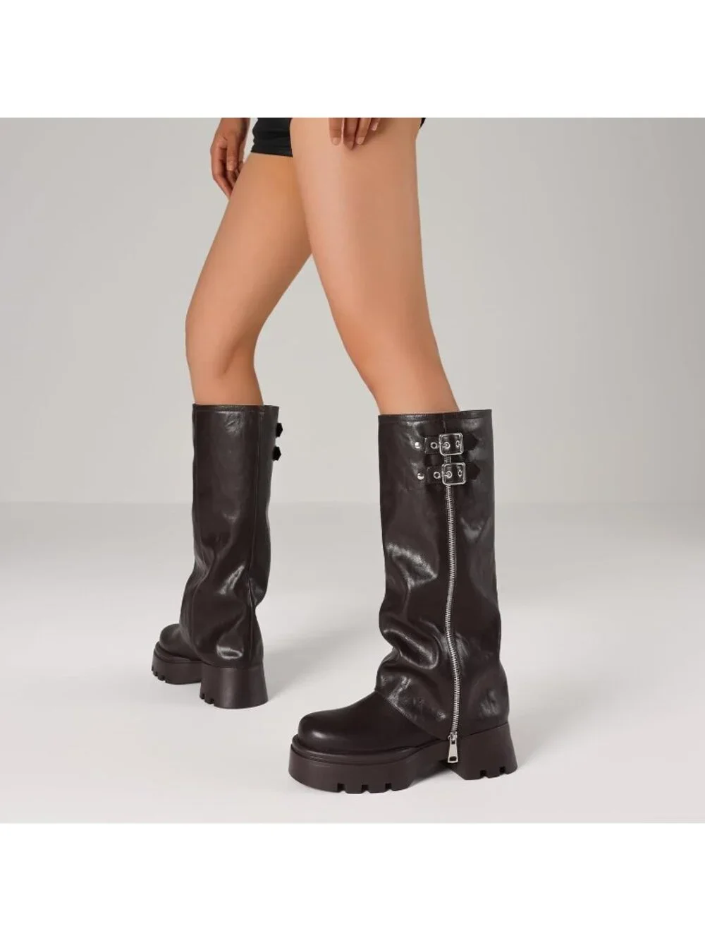 Women's Brown Faux Leather Chunky Heel Side Zipper, Metal Buckles Knee High Boot